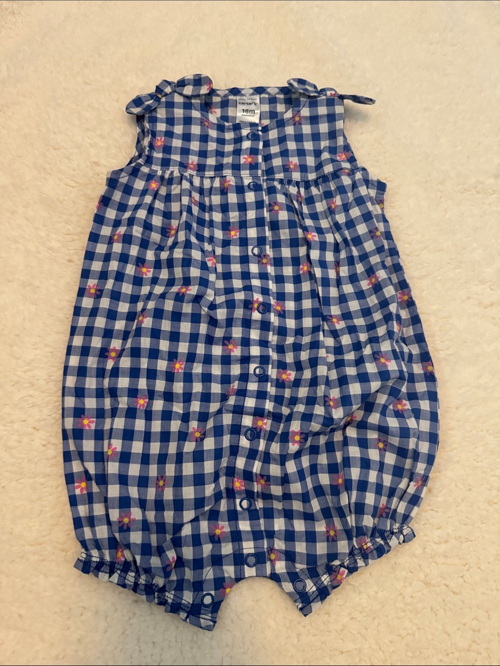 Carter's Blue and White Gingham Floral Baby One-Piece